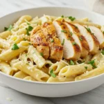 A bowl of creamy garlic Parmesan chicken pasta topped with sliced golden-brown chicken breast and garnished with fresh parsley, placed on a white marble table.