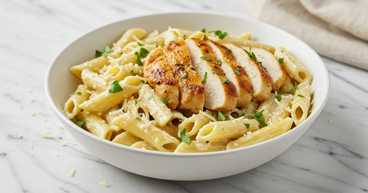 A bowl of creamy garlic Parmesan chicken pasta topped with sliced golden-brown chicken breast and garnished with fresh parsley, placed on a white marble table.