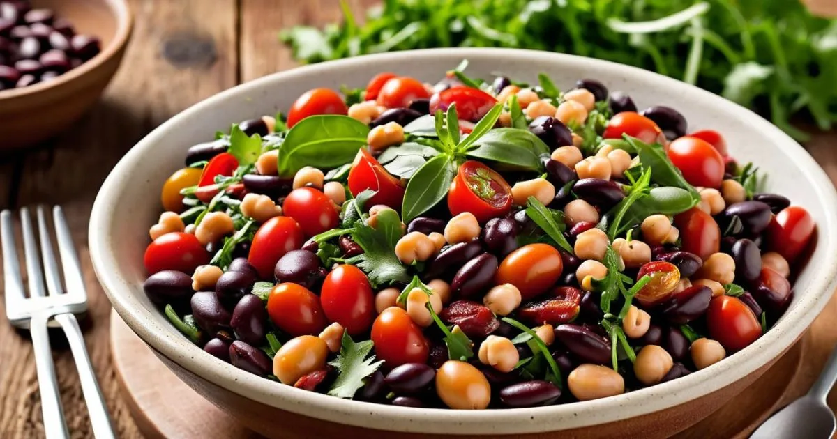 Homemade dense bean salad in an elegant ceramic bowl with kidney beans, black beans, chickpeas, cherry tomatoes, and greens on a rustic wooden table.