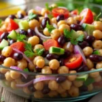 Homemade dense bean salad in an elegant ceramic bowl with kidney beans, black beans, chickpeas, cherry tomatoes, and greens on a rustic wooden table.