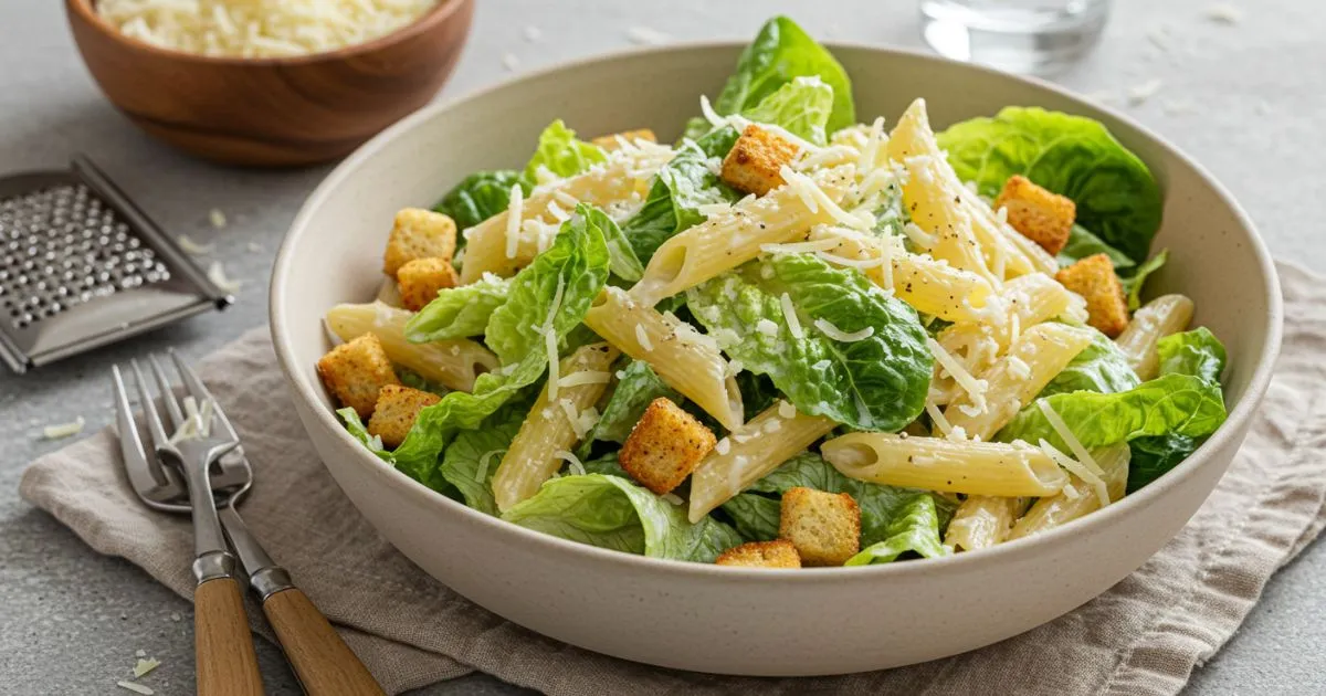 A fresh Caesar pasta salad in a beige bowl, featuring penne pasta, crisp romaine lettuce, golden croutons, and shredded Parmesan cheese, set on a light gray table with a fork and grater nearby.