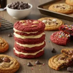 Freshly baked cookies inspired by a Crumbl cookie recipe, featuring chocolate chip, red velvet with cream cheese frosting, and sprinkle-topped varieties on a rustic table with a cooling rack and baking sheet.