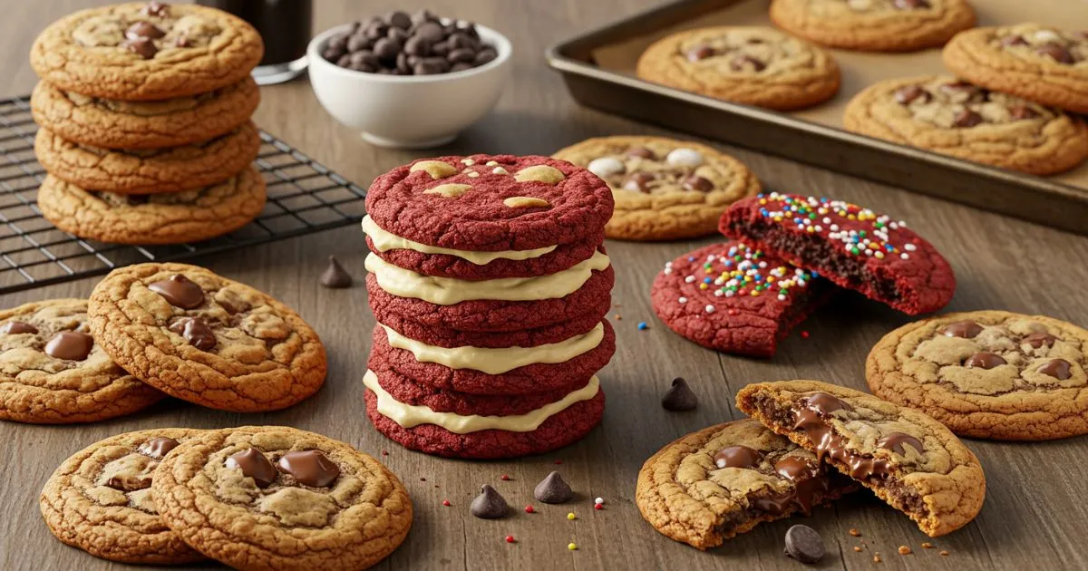 Freshly baked cookies inspired by a Crumbl cookie recipe, featuring chocolate chip, red velvet with cream cheese frosting, and sprinkle-topped varieties on a rustic table with a cooling rack and baking sheet.