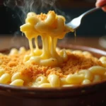A bowl of creamy tini mac and cheese recipe topped with golden, crispy breadcrumbs, served in a rustic ceramic dish on a wooden table.