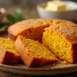 A freshly baked sweet potato cornbread recipe with a golden crust and soft, fluffy interior, sliced and served on a rustic wooden table with butter and honey.
